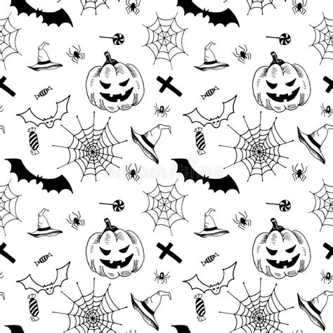 Halloween Pattern Black Hand Drawn Objects On Orange Background Stock