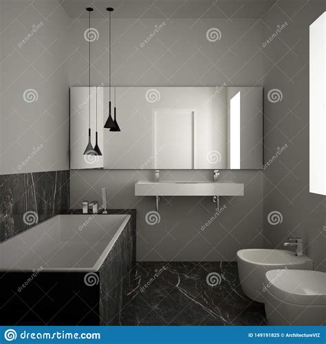Modern Minimalist Bathroom With Dark Marble Floor And Tiles White