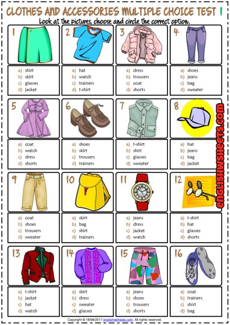 Clothes And Accessories Esl Printable Multiple Choice Tests