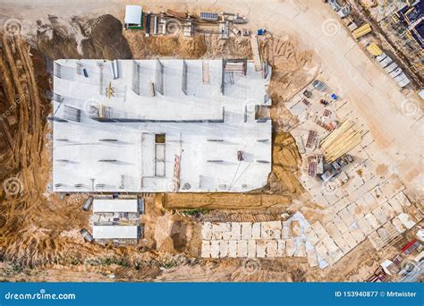 Construction Of Concrete Foundation Of Building Aerial Top View Stock