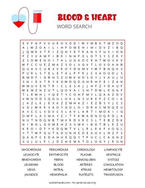 Free Blood And Heart Word Search Puzzle Printable