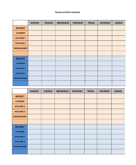 Restaurant Work Schedule Template