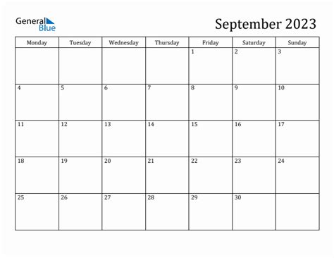September 2023 Monday Start Calendar Pdf Excel Word