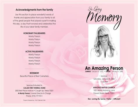 11x17 Pink Rose Printable Funeral Program Template Etsy