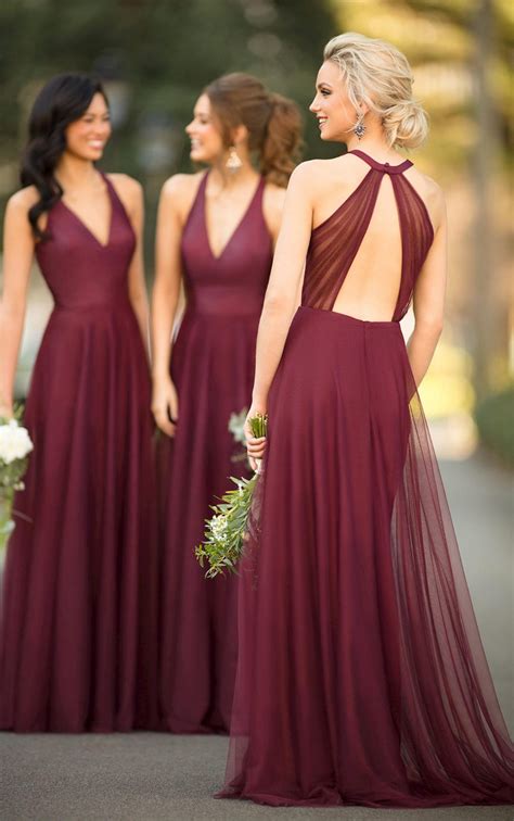 Beautiful V Neck Open Back Sleeveless Long Bridesmaid Dressburgundy Tulle Brides Elegant