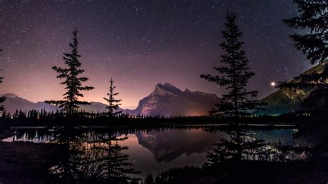 Winter Starry Sky Over Lake Night Landscape Wallpaper Hd