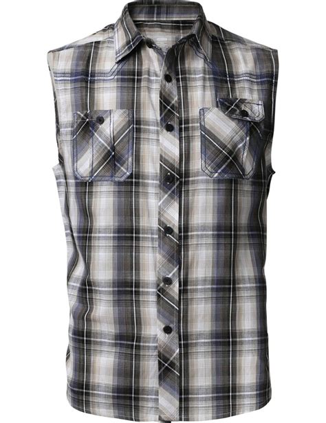 mens sleeveless dress shirts button down slim fit casual plaid checker flannel ebay casual