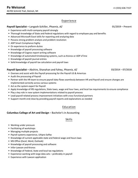 payroll specialist resume samples velvet jobs