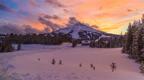 Nature Landscape Mountains Lake Trees Forest Snow Sunset Water