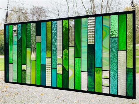 Green Geometric Stained Glass Panel 16 X 33 Hanging Window Green White Clear Stripes