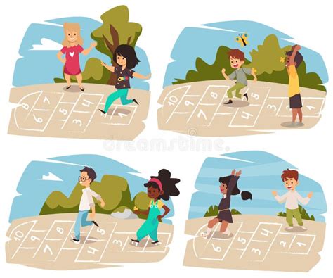 Child Hopscotch Cartoon Vector Illustration Set Diverse Kids Of