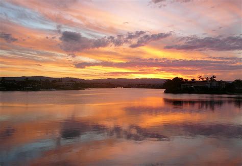 Wallpaper Pink Blue Sunset Sky Clouds Reflections Silhouettes