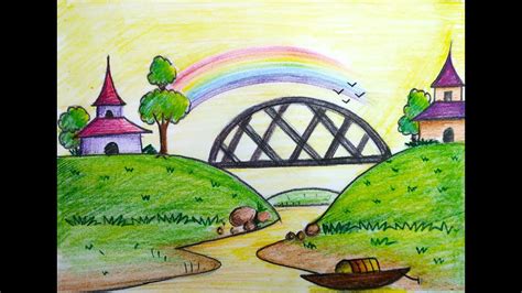 How to draw a beautiful village scenery step by step with water colour pencil.watch. how to draw colorful scenery with rainbow for kids ...