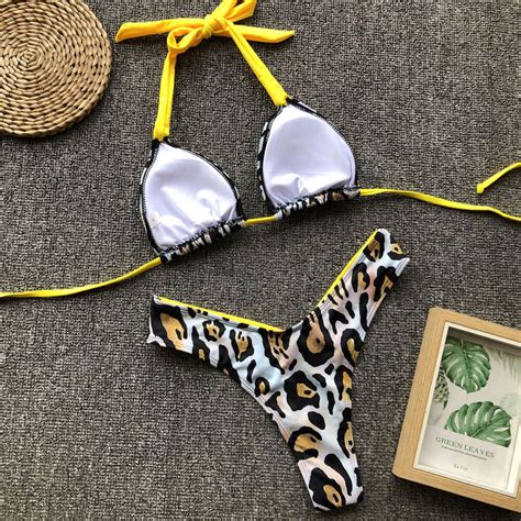 leopard high leg slide triangle halter brazilian two piece bikini swim brazilian bikini swimsuits