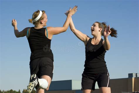 Soccer Girls Celebrate With A High Five Stock Photo Image Of Action