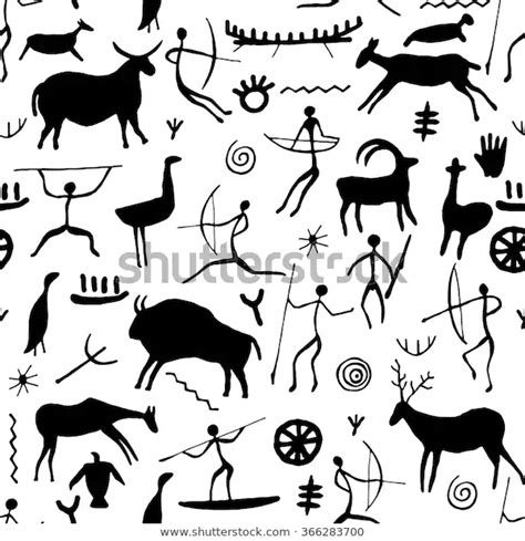 Cave Drawing Seamless Pattern On White Stock Vector Royalty Free