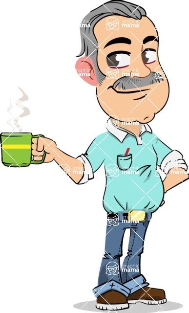 Simple Style Cartoon Of A Elderly Man With Mustache Drinking Coffee