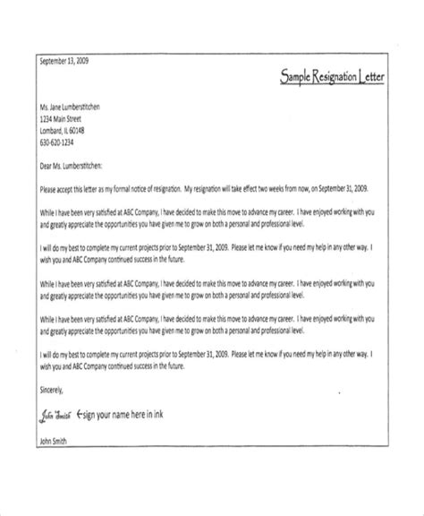 Free 5 Sample Resignation Letter With 2 Week Notice Templates In Ms