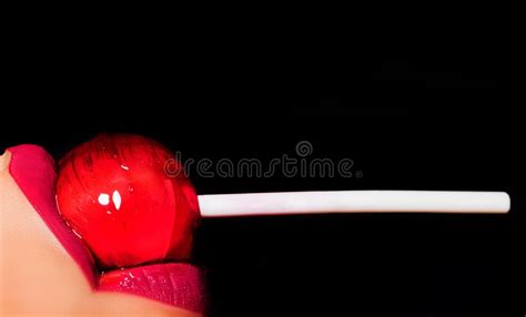 Suck Lick Lollipop Licking Candy Lollipop In Sensual Mout Isolated On Black Background Stock