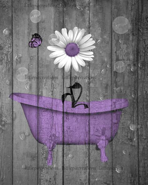 Purple Gray Bathroom Wall Art Decor Purple Daisy Flower Etsy
