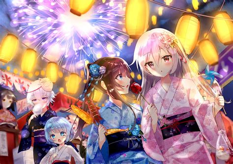 Cute Anime Girls Fireworks Festival Lanterns Kimono Apple Candy