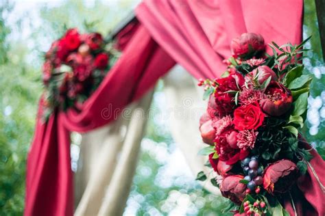 Red Coloured Wedding Arch For Wedding Ceremony Stock Image Image Of