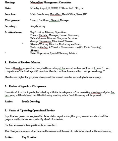 Basic, detailed, or based on roberts rules. Meeting Minutes sample... format for a typical meeting ...
