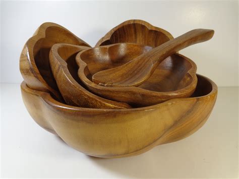 Vintage Wood Salad Bowl Set Hand Carved Serving Bowl And 4 Salad Etsy