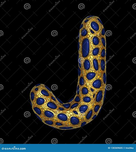Golden Shining Metallic D With Blue Glass Symbol Capital Letter J Uppercase Isolated On Black