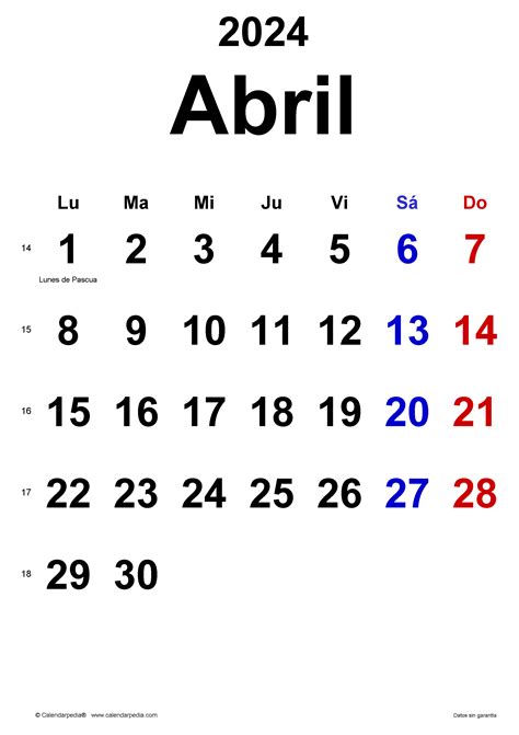 Calendario Abril 2024 En Word Excel Y Pdf Calendarpedia