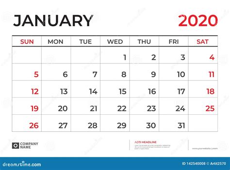 Janvier 2020 Calibre De Calendrier Taille 9 De Disposition De