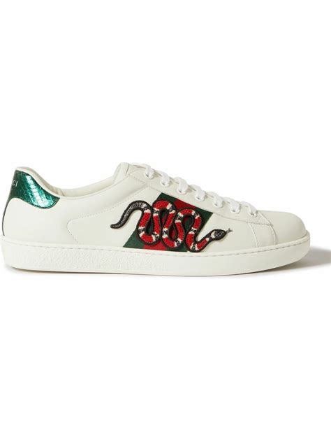 Gucci Ace Watersnake Trimmed Appliquéd Leather Sneakers White Gucci
