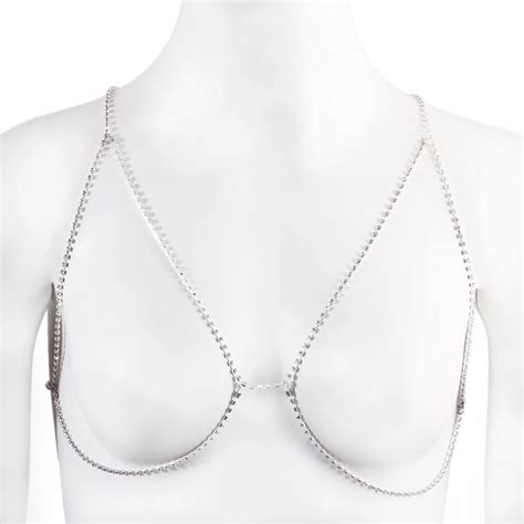 Sexy Electroplated Women Shiny Crystal Bra Chest Body Chains Bikini Alloy Body Long Chain