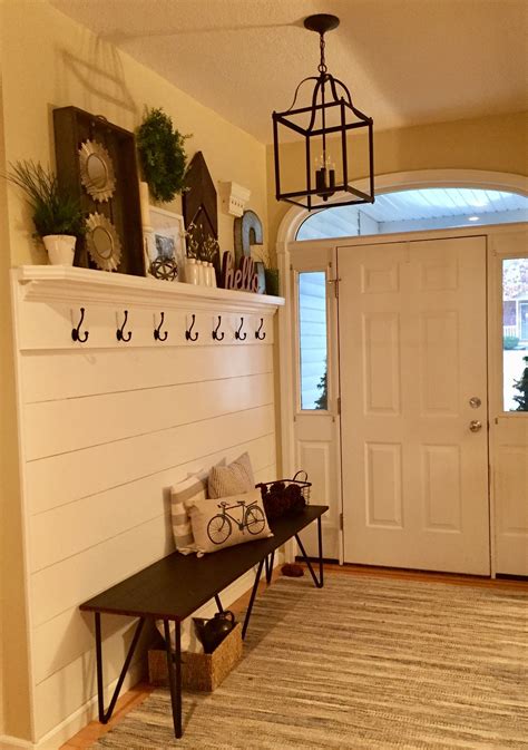 Shiplap Entryway With Hooks And Bench