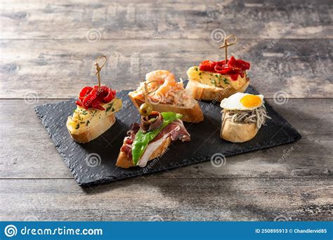 Assortment Of Spanish Pintxos Stock Image Image Of Food Garnished 250895913