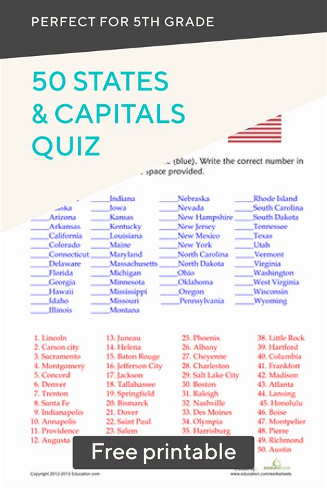 50 States And Capitals Quiz Worksheet State