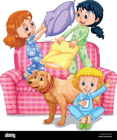 Three Girls Playing Pillow Fight At Slumber Party Illustration Stock Vector Image And Art Alamy