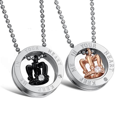 Couple Necklace Set Keep Me In Your Heart Couple Necklace Set Titanium Crown Necklace
