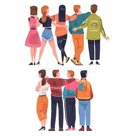 Friends From Behind Hugging And Standing Together Vector Set Stock