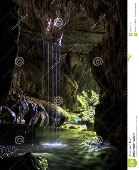 Waitomo Cave Underground Waterfall Scene In New Zealand Stock