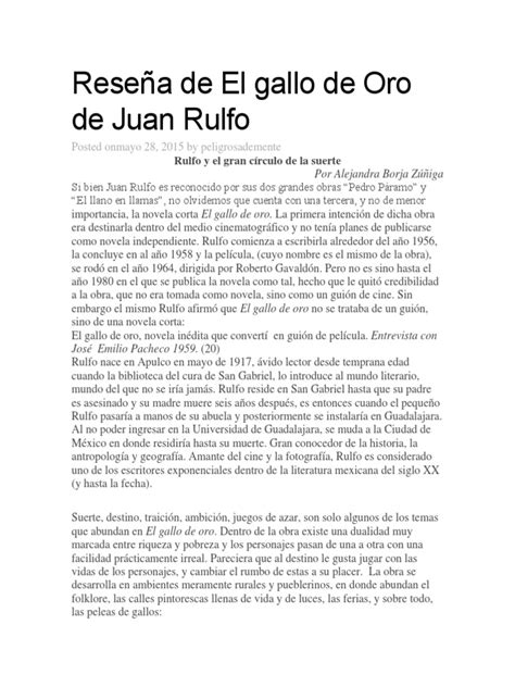 Reseña De El Gallo De Oro De Juan Rulfo Pdf