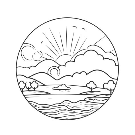 Black And White Sketch Of A Landscape And Sunrise Outline Drawing
