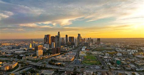 City Of Los Angeles Cityscape Skyline Scenic Aerial View At Sunset