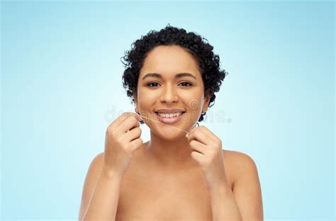 African Woman Cleaning Teeth With Dental Floss Stock Image Image Of
