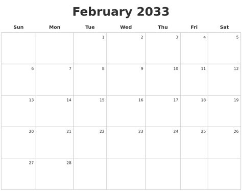 February 2033 Make A Calendar