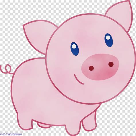Pink Domestic Pig Cartoon Snout Suidae Watercolor Paint Wet Ink