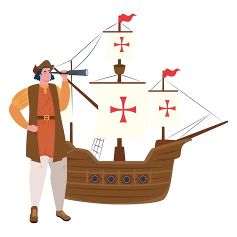 Christopher Columbus Cartoon With Telescope And Ship Vector Design