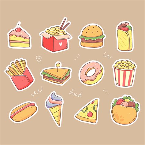 A Set Of Stickers With Fast Food Junk Food In Doodle Style Vector