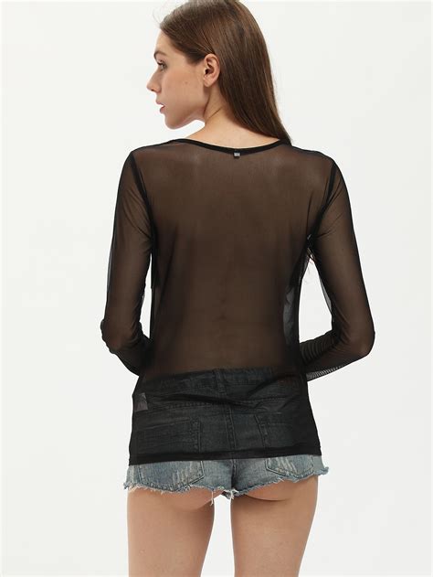 Black Long Sleeve Sheer Blouse Sheinsheinside