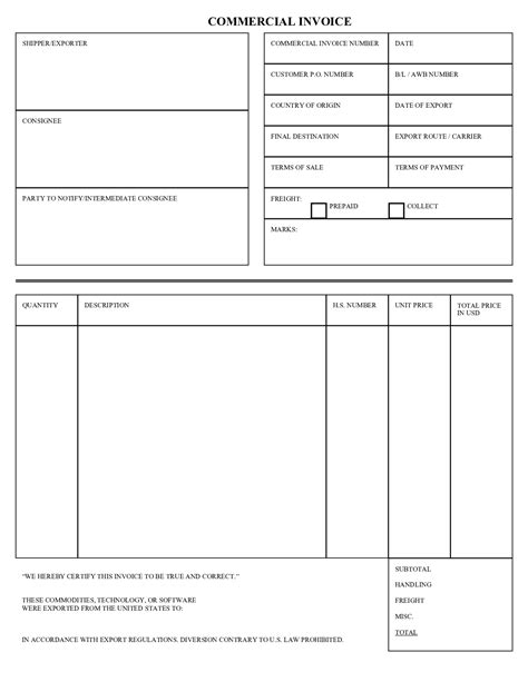 Commercial Invoice Form Fillable Pdf Template Download Here